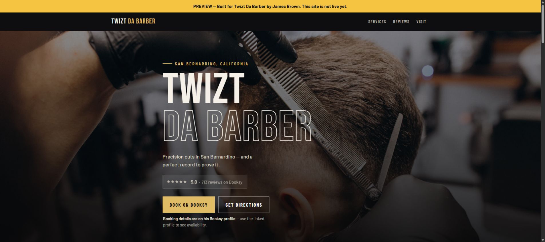 Our dark, image-led independent website concept for Twizt Da Barber